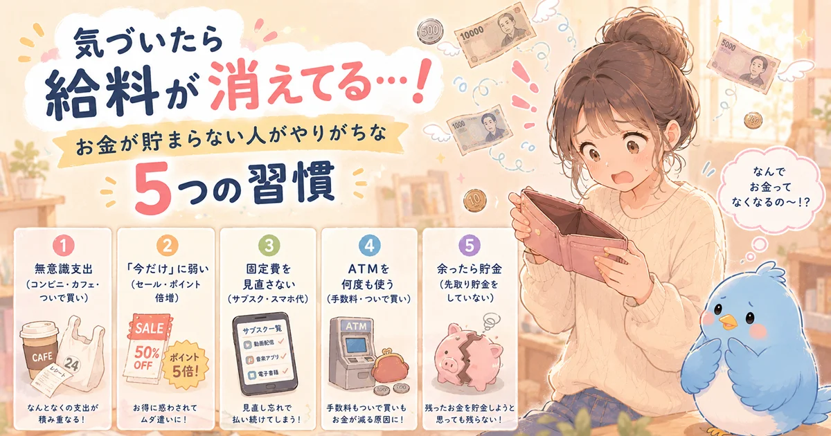 開いた財布の中身が空でびっくりするカシコ。周りにコインや紙幣が飛び散っている。