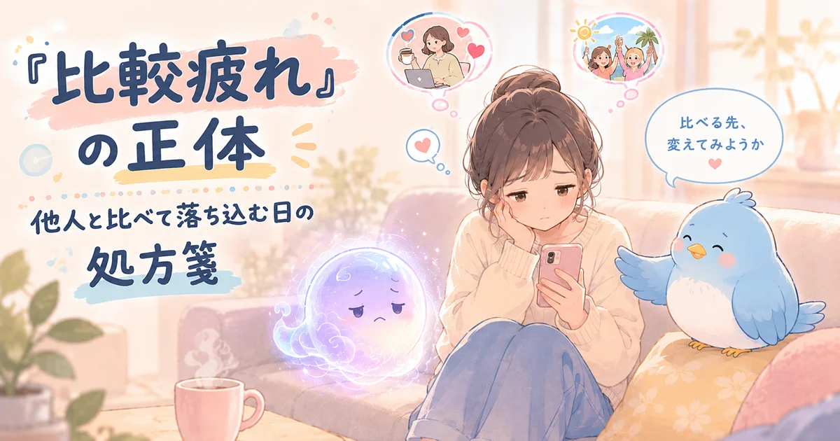 ソファに座りスマホを見てため息をつくカシコ。隣にぼんやり光るナゾタマが浮かんでいる。