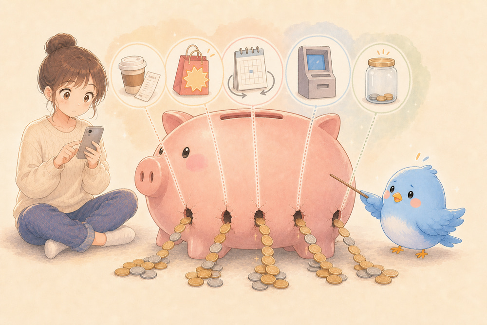 スマホを見るカシコの横で、5つの習慣を表す穴からコインが漏れる貯金箱をワイズが指し示すイラスト