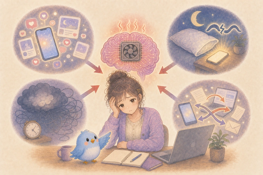 スマホ・睡眠の質・ストレス・マルチタスクの4つが、カシコの脳に負担をかける様子を描いたイラスト
