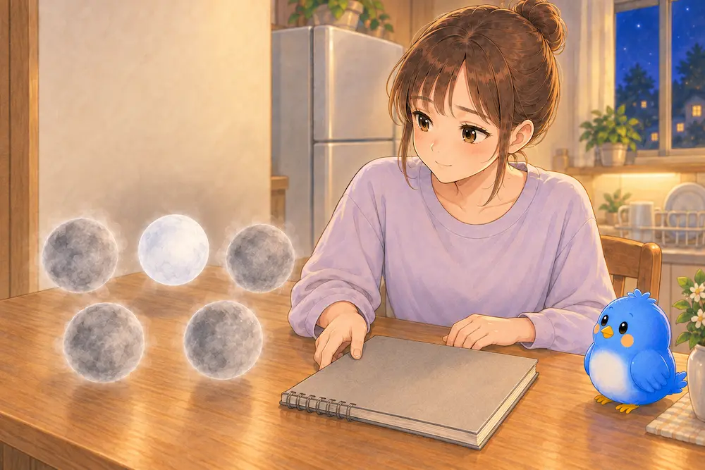 灰色4つと白い1つのナゾタマが離れて浮かぶテーブルで、カシコがほほえみながら閉じたスケッチブックに手を添え、青い鳥のワイズがそばで見守っている。