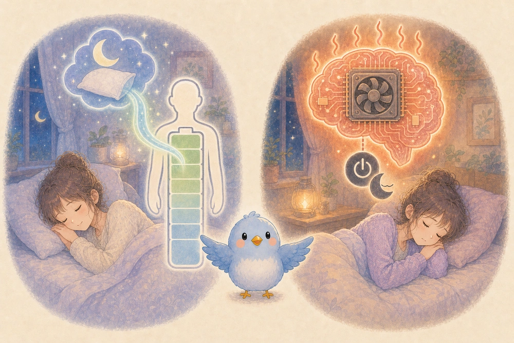 睡眠で回復する体のバッテリーと、眠っても熱が残る脳のCPUを対比したイラスト