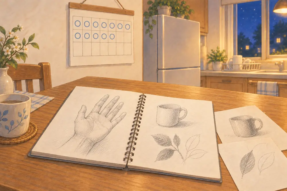 夜のキッチンの木のテーブルに、手やカップ、葉の練習画が描かれたスケッチブックと用紙が広がり、奥のカレンダーには12個の丸とその先の空白が残っている。
