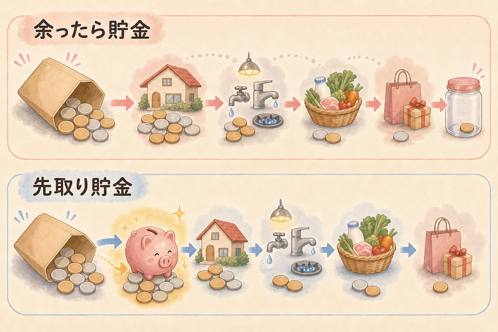 給料を使った後にほとんど残らない「余ったら貯金」と、最初に貯金箱へ取り分ける「先取り貯金」の流れを上下で比較した図解