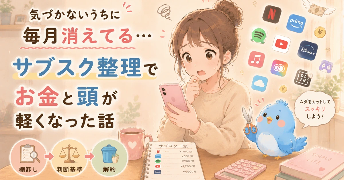 スマホを見て驚いた表情で固まるカシコ。周囲にサブスクアプリのアイコンが浮かんでいる。隣でワイズが小さなハサミを持ち、整理を手伝おうとしている