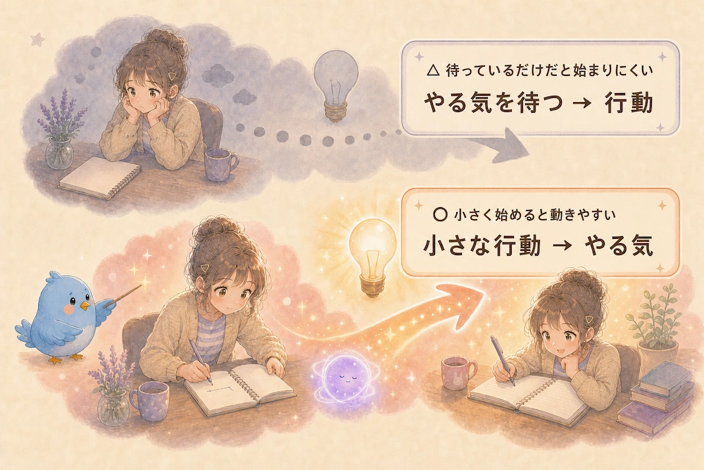 やる気を待ってから行動する流れと、小さな行動からやる気が生まれる流れを、カシコの変化で比較した図解イラスト