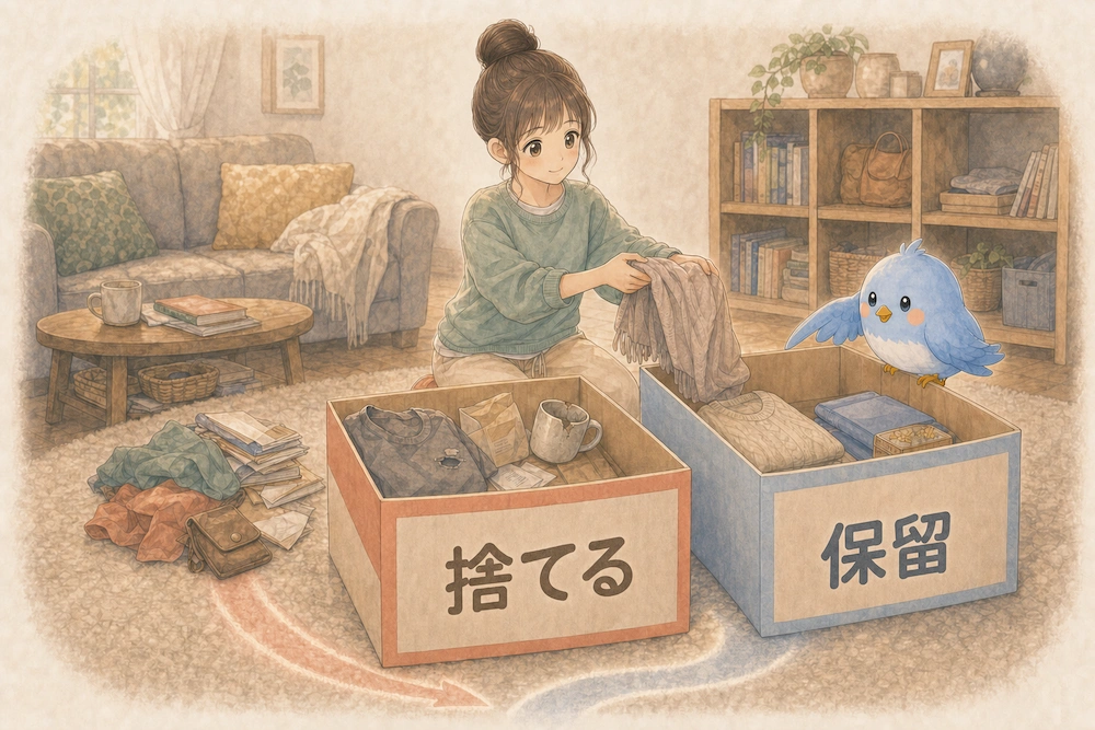 カシコが服や書類を「捨てる」と「保留」の箱に仕分け、ワイズが保留箱へ案内するイラスト