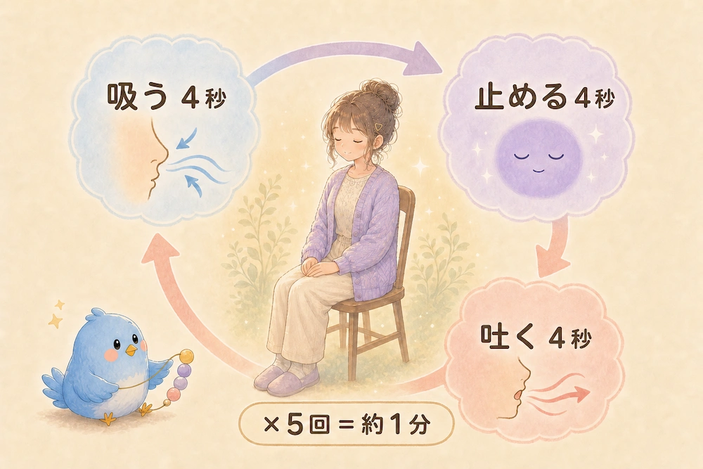 椅子に座ったカシコが「吸う4秒・止める4秒・吐く4秒」の4-4-4呼吸を5回繰り返す流れを示した図解