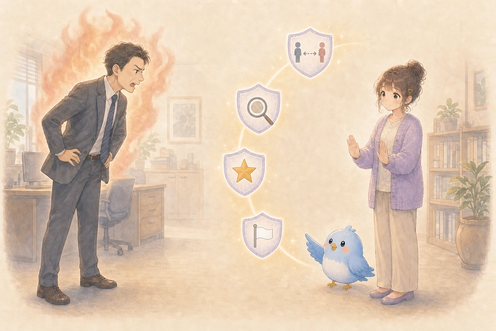 炎のオーラをまとった上司と距離を取り、4つの盾に守られるカシコと青い鳥のワイズ