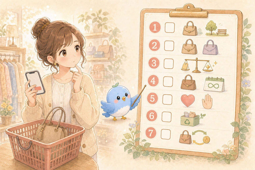 購入直前に立ち止まるカシコと、買う前に確認する7つの質問をアイコンで示したチェックリスト図解