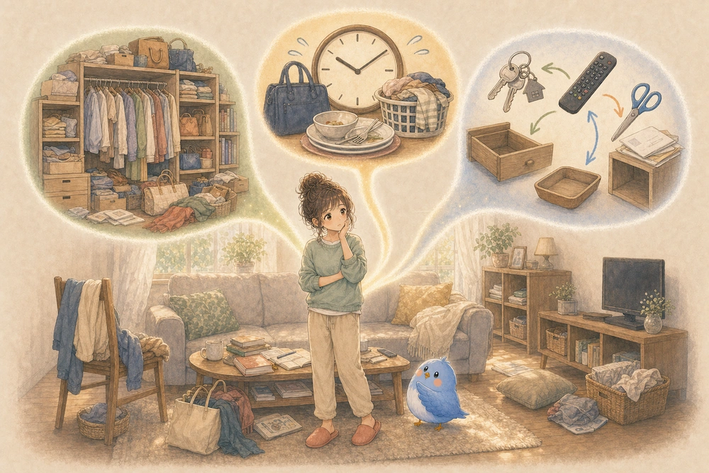 散らかった部屋から、物の多さ・片付ける時間の不足・定位置がない状態へ枝分かれする3つの原因の図解