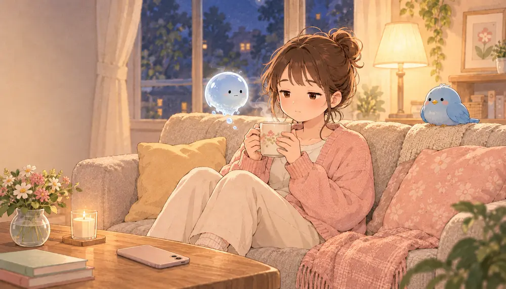 夜のソファで湯気の立つマグカップを両手で包むカシコと、そばに静かに浮かぶナゾタマ、見守る青い鳥ワイズのイラスト