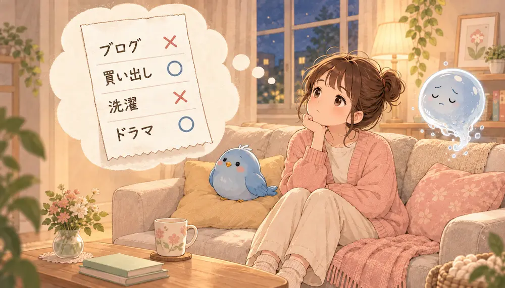 『ブログ』『買い出し』『洗濯』『ドラマ』と品名が並んだレシートのイメージを前に首をかしげるカシコと、のぞきこむ青い鳥ワイズのイラスト