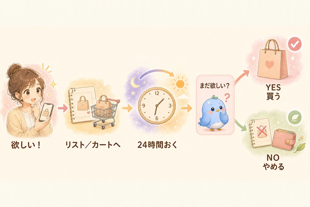 欲しい商品をリストやカートに入れて24時間待ち、まだ欲しいかを確認して購入を判断する流れの図解