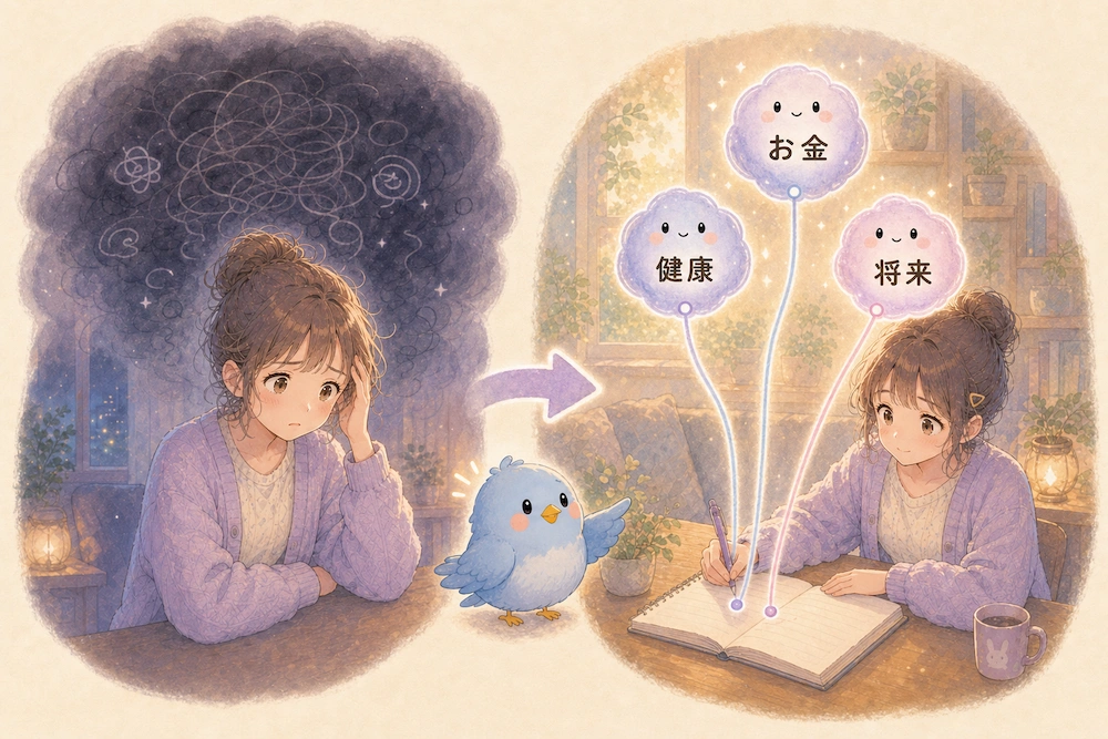 黒いもやのような漠然とした不安を、ノートに書き出して「お金」「健康」「将来」の3つに整理するカシコとワイズ