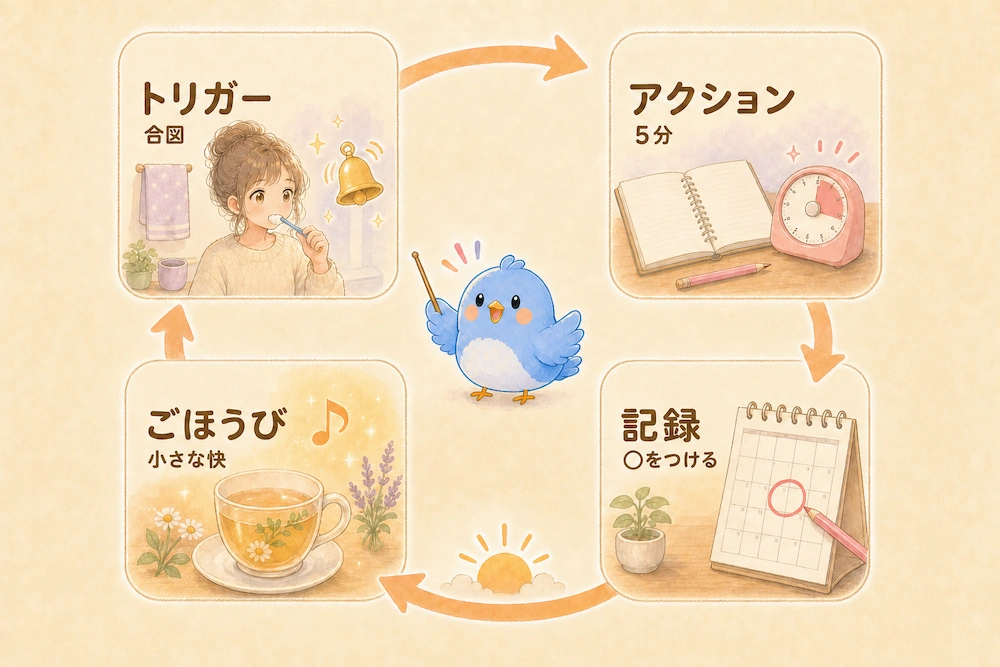 トリガー、5分のアクション、記録、ごほうびの4つが循環する仕組みをワイズが案内する図解