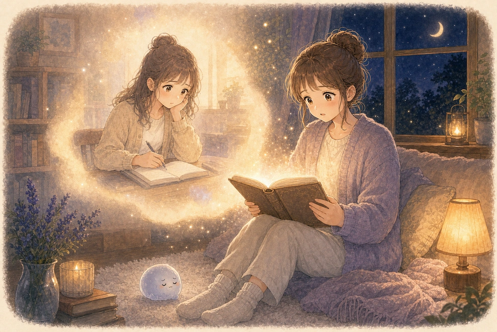 夜、光る古い日記を読み返すカシコと、その光の中に浮かぶ若い頃の日記を書く姿