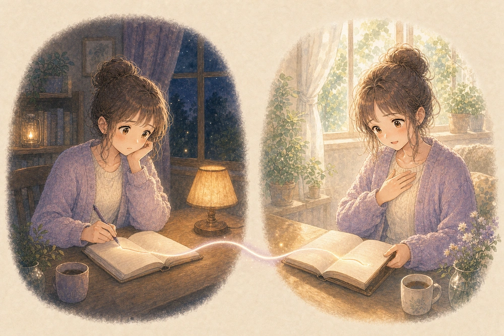 今日の日記を書くカシコと、未来にそのページを読み返して安心するカシコを淡い光がつなぐイラスト