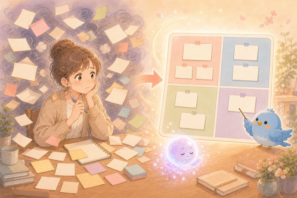 散らかったタスクカードが緊急度×重要度の4象限ボードへ整理されていく図解。カシコがカードを仕分け、青い鳥のワイズがボードを指している