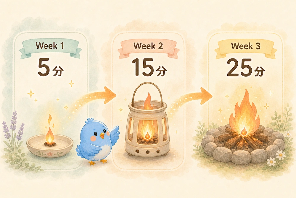 Week1の5分の火種が、Week2の15分の炎、Week3の25分の焚き火へ育っていく3週間ロードマップの図解