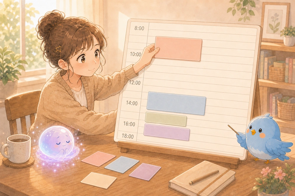 時間事に区切った1日のスケジュールボードに色分けしたタスクカードを置くカシコと、次の枠を指す青い鳥のワイズ