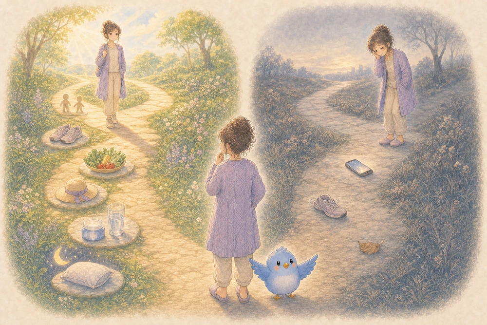小さな生活習慣を積み重ねた明るい未来と、疲れた未来へ分かれる2本の道を見つめるカシコとワイズ
