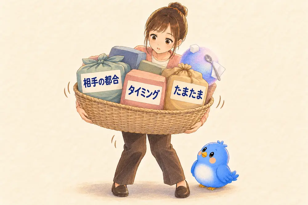 「相手の都合」「タイミング」「たまたま」と書かれた荷物まで大きなカゴに詰めこみ、重そうに抱えてよろけるカシコ。カゴの中には角砂糖やスプーン、紙ナプキンをくっつけたナゾタマがのり、足もとで青い鳥のワイズが見上げている。
