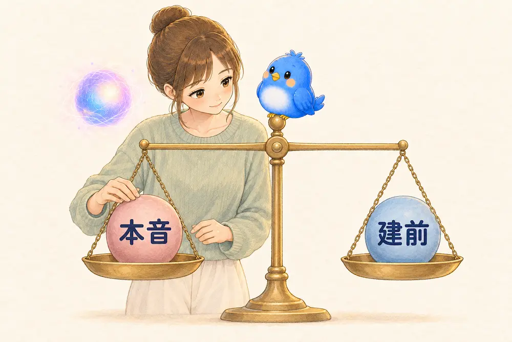  「本音」と「建前」の丸い重りが釣り合う天秤で、カシコが「本音」の重りに手を添え、 中央の支柱に青い鳥のワイズがとまり、そばに淡く光るナゾタマが浮かぶイラスト。