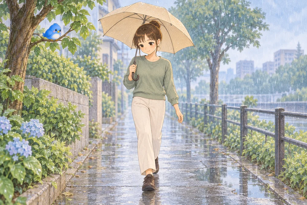 ベージュの傘をさしたカシコが、茶色の靴で雨の歩道を穏やかに歩き、青い鳥のワイズが街路樹の枝から見守るイラスト。