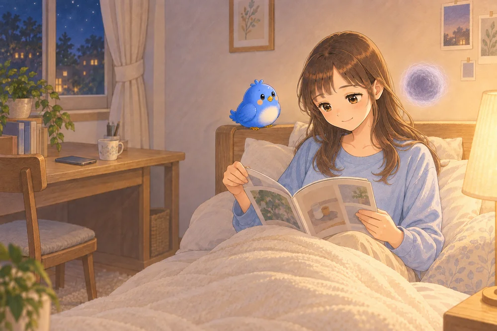 暖かな照明の下、髪をおろしたカシコがベッドで雑誌を読み、離れた机にスマホが置かれ、そばに青い鳥のワイズと灰紫色のナゾタマがいるイラスト。