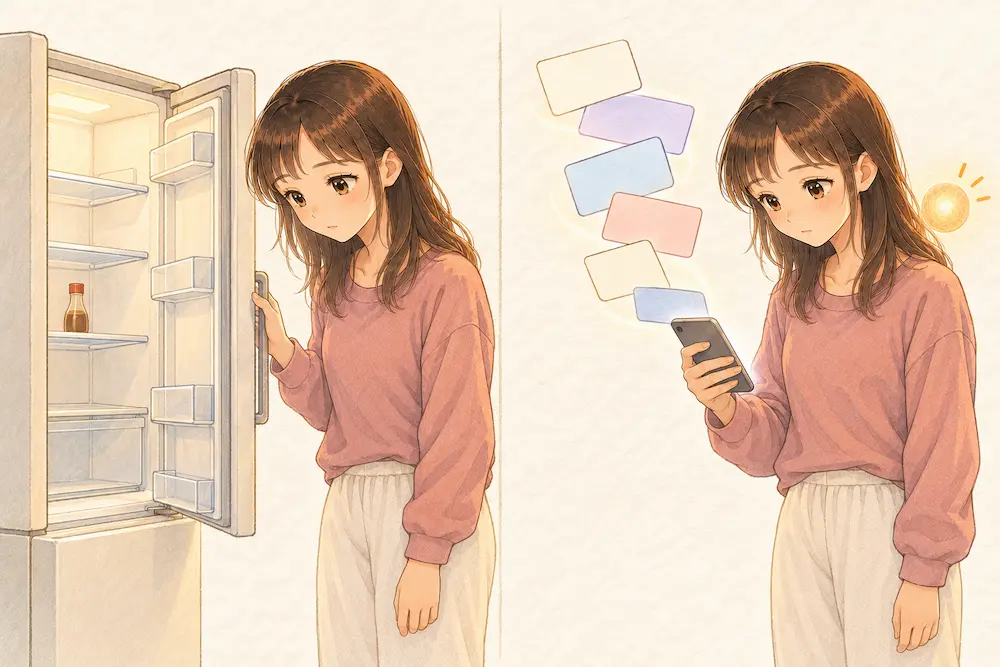 ほぼ空の冷蔵庫をのぞくカシコと、無地のカードが次々に出るスマホを同じぼんやりした表情で見るカシコを並べ、右端に橙色のナゾタマが光る2コマの図。