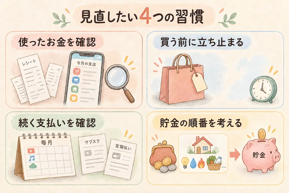 使ったお金、買う前の判断、継続的な支払い、貯金の順番という4つの見直しポイントを示した図