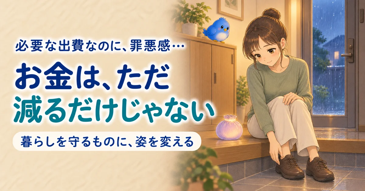 「必要な出費なのに、罪悪感…」「お金は、ただ減るだけじゃない」「暮らしを守るものに、姿を変える」の文字と、雨の見える玄関で新しい靴に触れるカシコ、青い鳥のワイズ、小袋のようなナゾタマのイラスト。