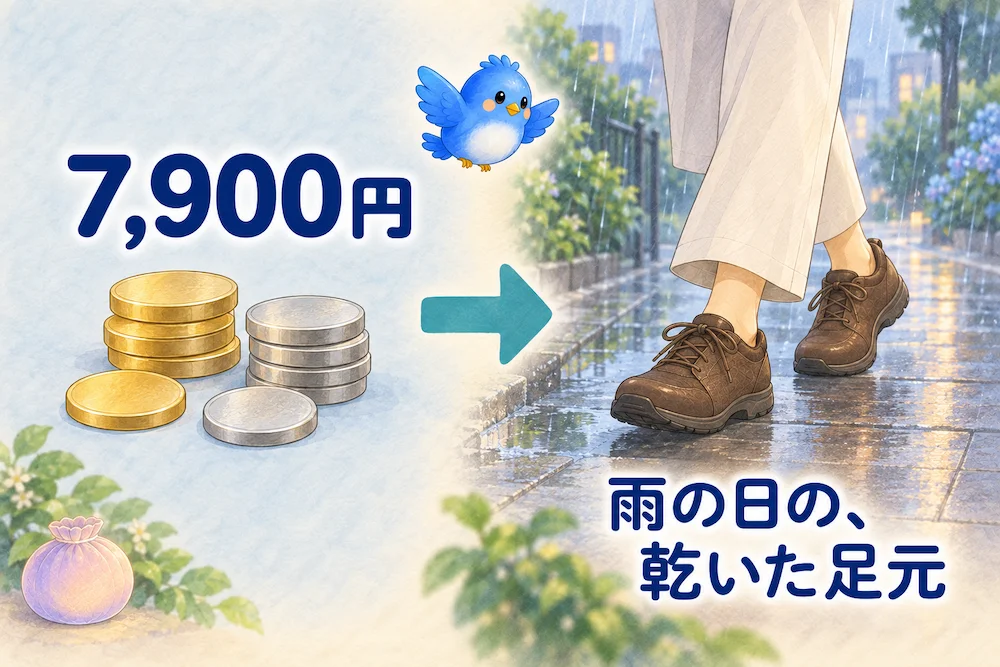 「7,900円」と無地の金色・銀色トークンから、茶色の靴で雨の歩道を歩く足元へ矢印が伸び、「雨の日の、乾いた足元」と添えられた図解。