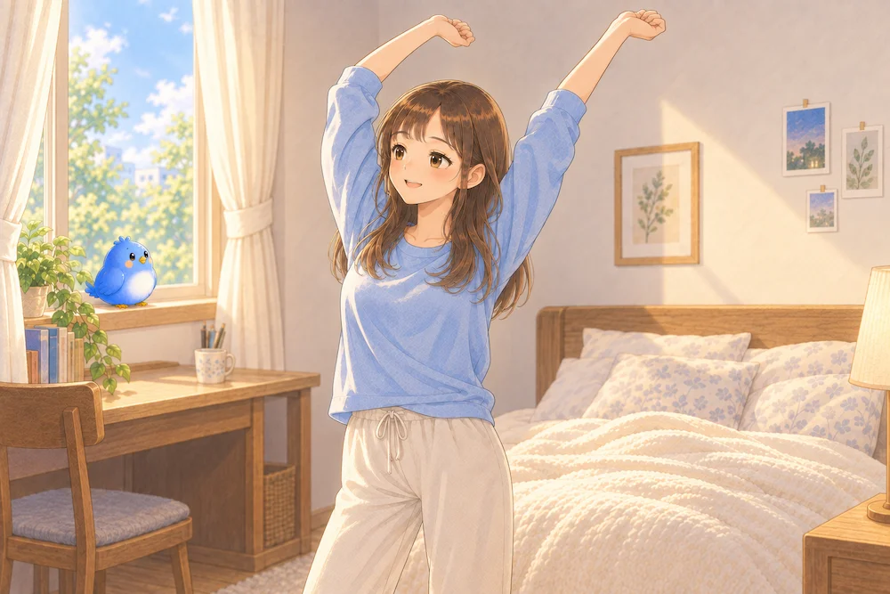 朝の光が入る窓辺で、髪をおろしたカシコが笑顔で両腕を上げて伸びをし、青い鳥のワイズが窓辺から見守るイラスト。