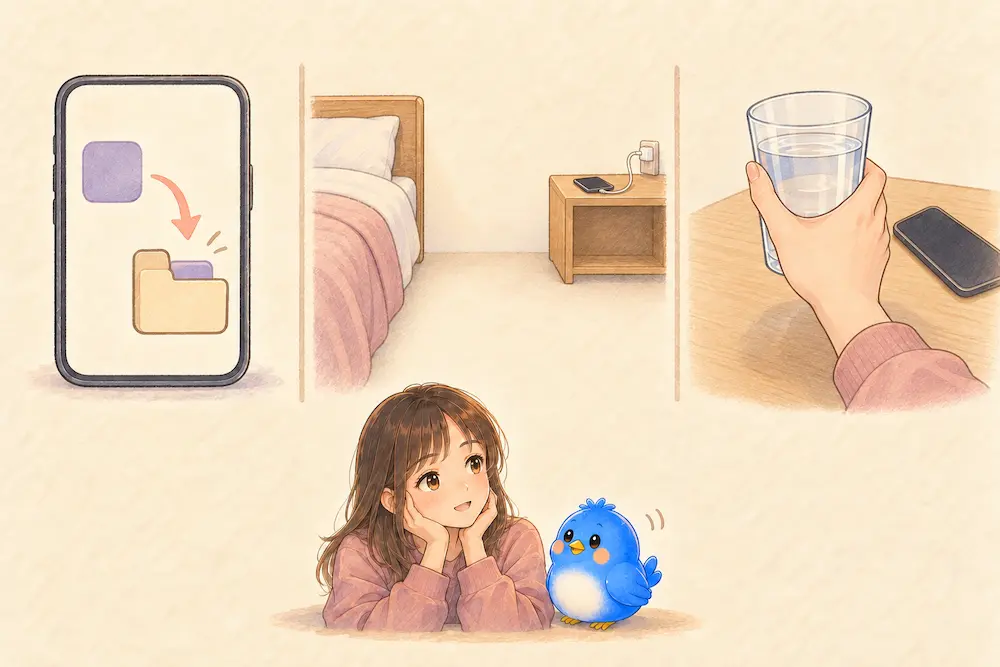アプリをフォルダへ移す図、ベッドから離れた棚で充電するスマホ、スマホの脇で水のコップを右手で持ち上げる様子が横に並び、下にカシコと青い鳥のワイズがいるイラスト。