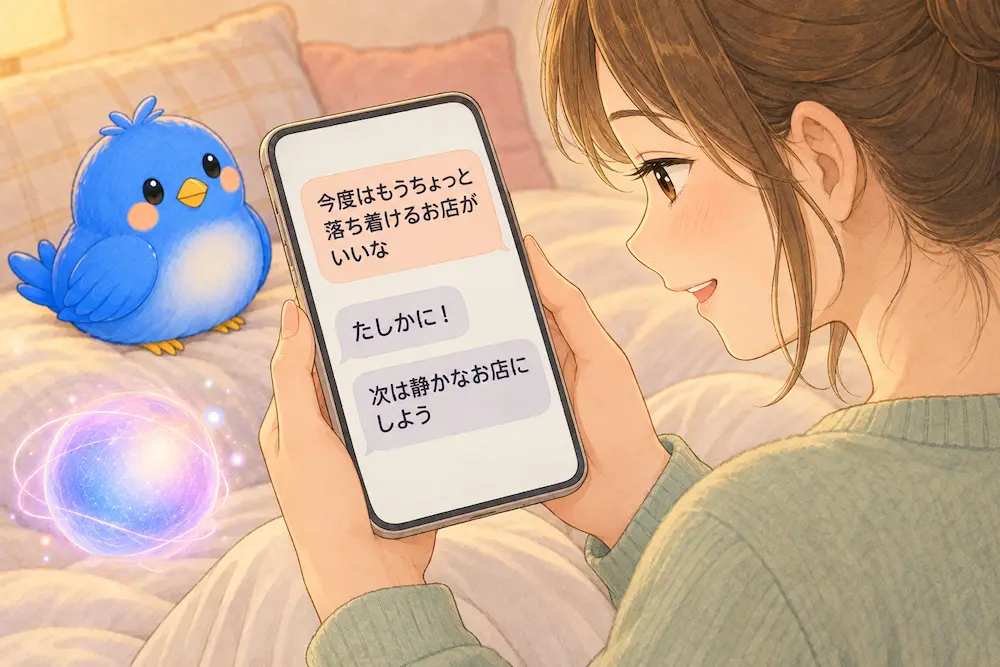 スマホに「今度はもうちょっと落ち着けるお店がいいな」「たしかに！」「次は静かなお店にしよう」というやり取りが表示され、画面を見てほっと笑うカシコの横顔と、ベッドの上の青い鳥のワイズ、光る球体のナゾタマが描かれたイラスト。