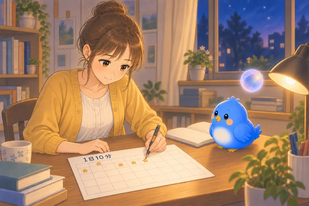 「1日10分」と書かれたカレンダーに、空欄を残しながら5つ目の星をペンで描くカシコを青い鳥のワイズが見守り、そばに小さなナゾタマが浮かぶイラスト。