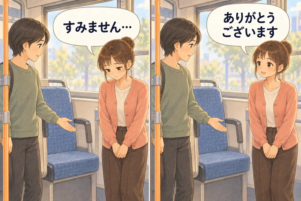 昼のバスの車内で席をゆずってもらう場面の2コマ。左は「すみません…」と小さく頭を下げるカシコ、右は「ありがとうございます」と笑顔で相手を見るカシコ。どちらのコマでも、ゆずった人が空いた席を手で示して微笑んでいる。