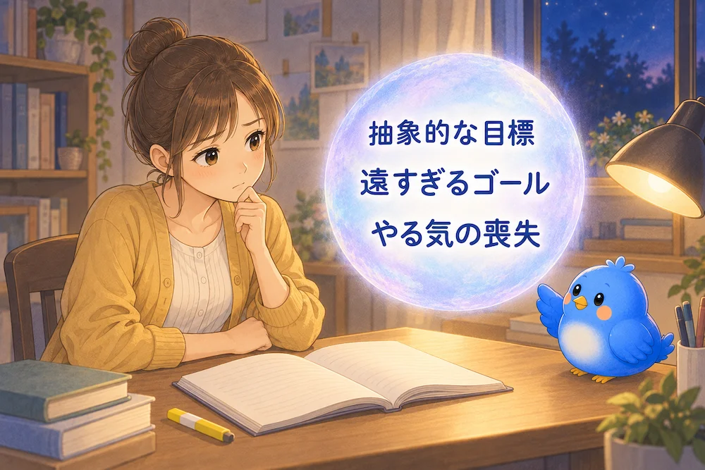 夜の勉強机で、「抽象的な目標」「遠すぎるゴール」「やる気の喪失」と浮かぶナゾタマをカシコが見つめ、青い鳥のワイズが翼で示しているイラスト。
