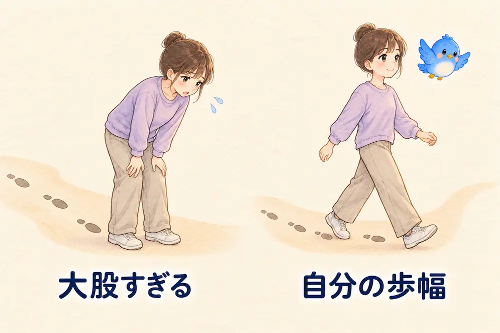 「大股すぎる」で疲れて両ひざに手をつくカシコと、「自分の歩幅」でゆったり歩くカシコを、足あとの間隔の違いとともに左右に比べたイラスト。