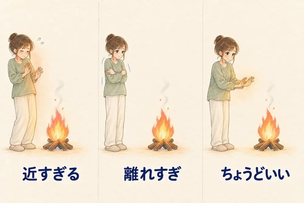 「近すぎる」「離れすぎ」「ちょうどいい」の文字と、たき火のそばで熱そうに顔をしかめるカシコ、離れた場所で腕を抱えて寒そうにするカシコ、両手を火にかざして小さくほほえむカシコを横に並べた3コマの図。