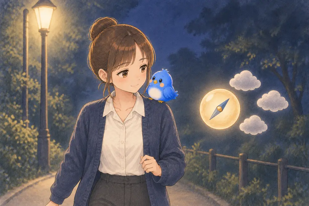 街灯のある夜道で、カシコが肩の青い鳥のワイズへほほえみかけ、そばに一方向を指す針の入った暖色のナゾタマと、少し離れた灰色の雲が浮かぶイラスト。