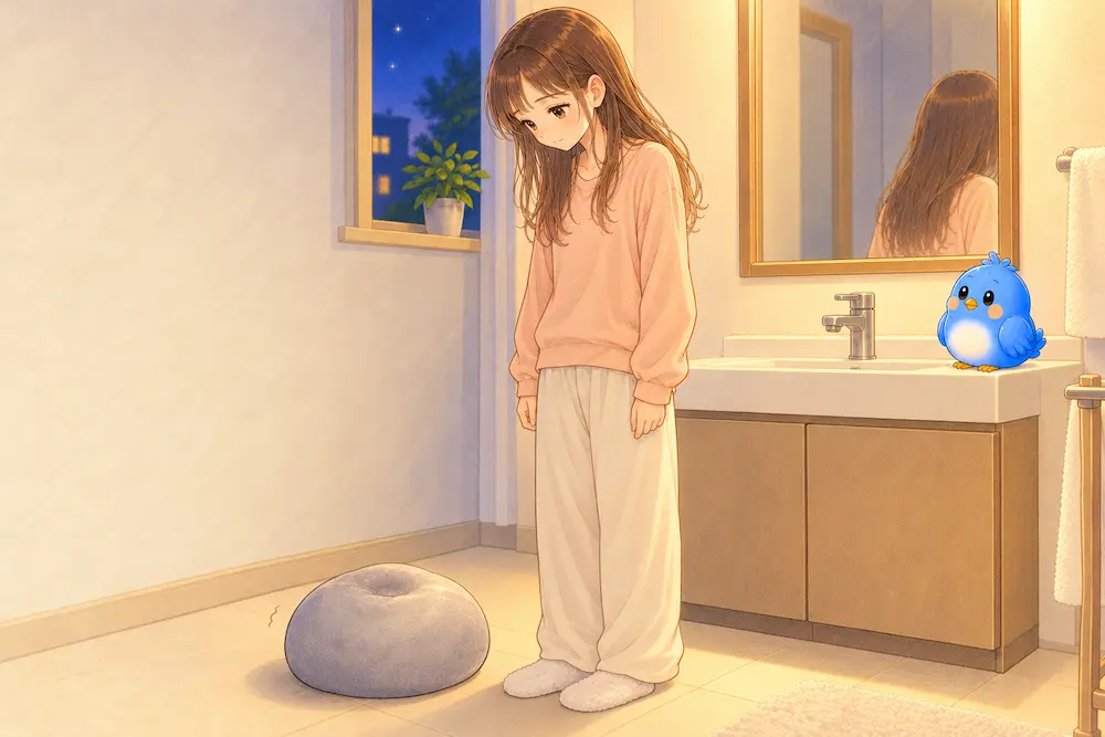 夜の洗面所で、足元のしぼんだ灰色のナゾタマを静かに見おろすカシコと、洗面台のふちで見守る青い鳥のワイズのイラスト。