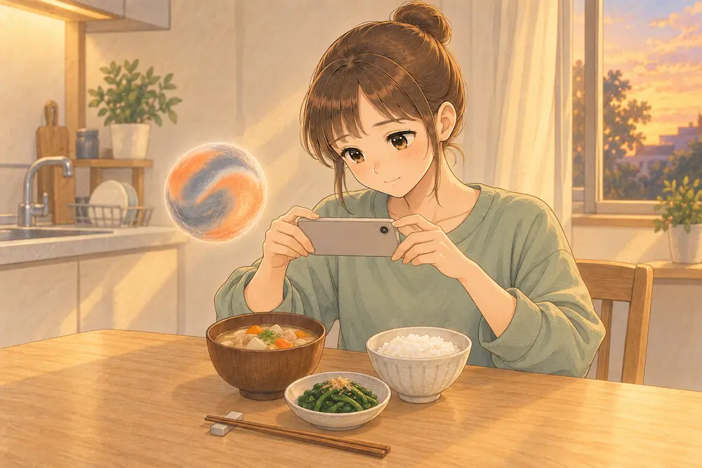 夕日の入るキッチンで、カシコが小さくほほえみながら豚汁・ごはん・ほうれん草のおひたしを両手のスマホで撮ろうとし、そばにオレンジと灰色のマーブル模様のナゾタマが浮かぶイラスト。