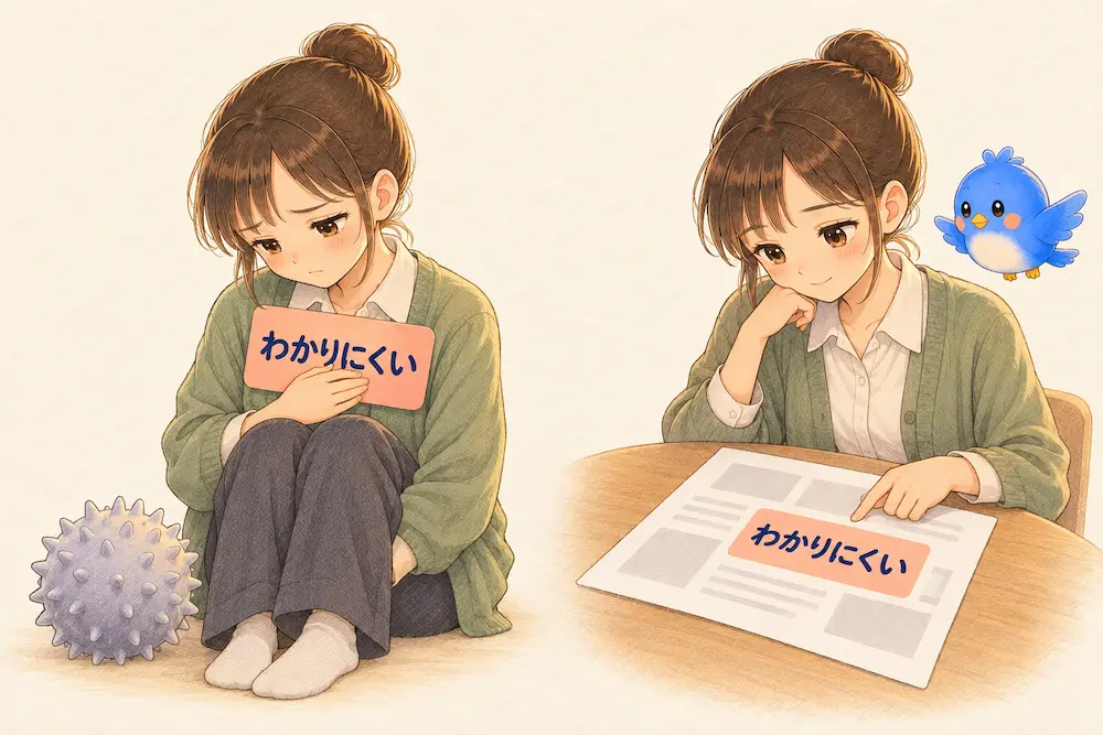 「わかりにくい」のカードを胸元に抱えてうつむくカシコと、資料の一部分に貼られた同じカードを落ち着いて見るカシコを左右に比べたイラスト。