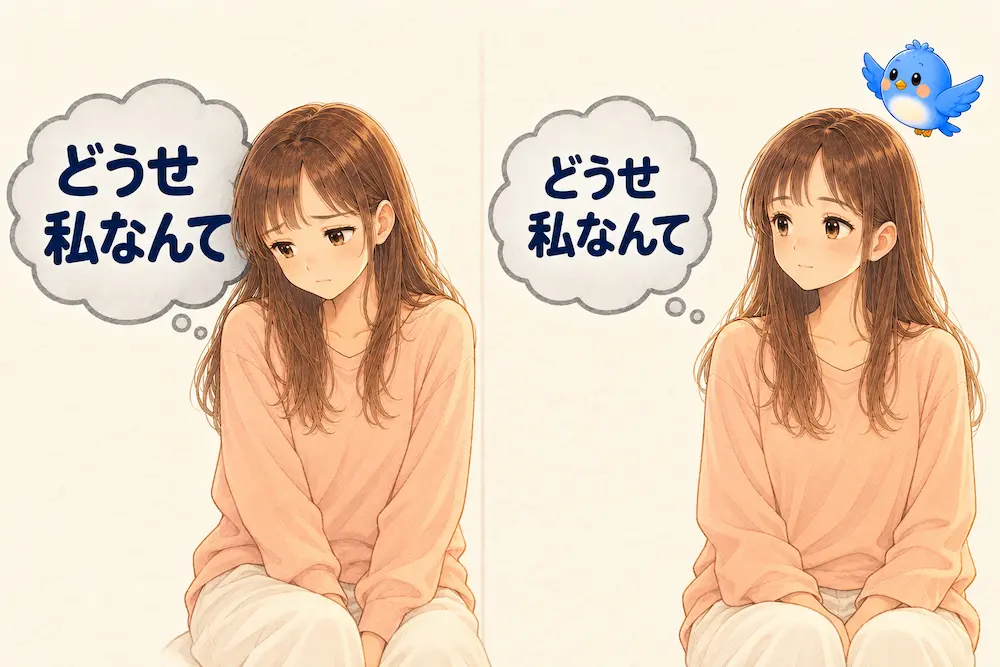 「どうせ私なんて」の吹き出しが耳元に重なってうつむくカシコと、同じ吹き出しから少し離れ、落ち着いた顔で横目に見るカシコを左右に比べたイラスト。右上を青い鳥のワイズが飛んでいる。
