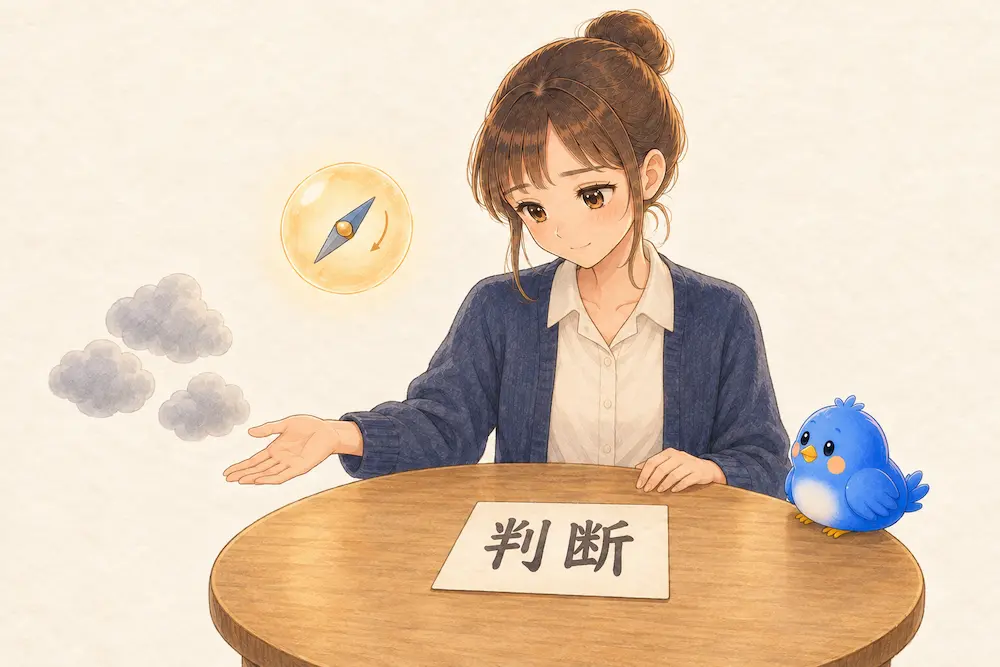 「判断」のカードが載る丸テーブルと、その横に離れて浮かぶ灰色の雲、雲へ手のひらを向けるカシコ、青い鳥のワイズ、針の入った暖色のナゾタマの図。