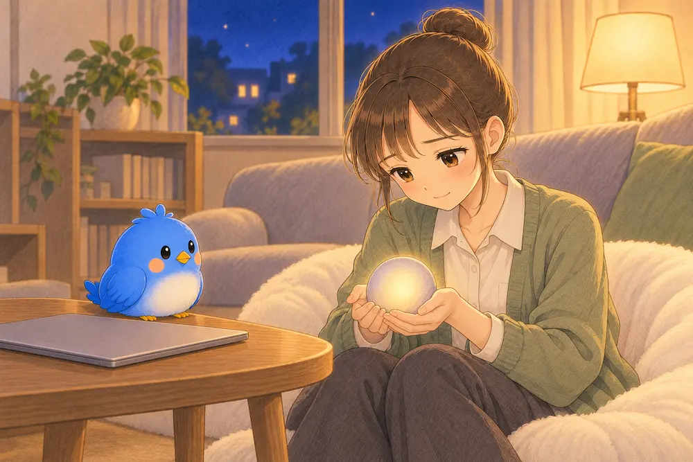 夜の部屋で、灰色の縁を残して柔らかく光るナゾタマを両手にのせてほほえむカシコと、閉じたノートPCのそばで見守る青い鳥ワイズのイラスト。