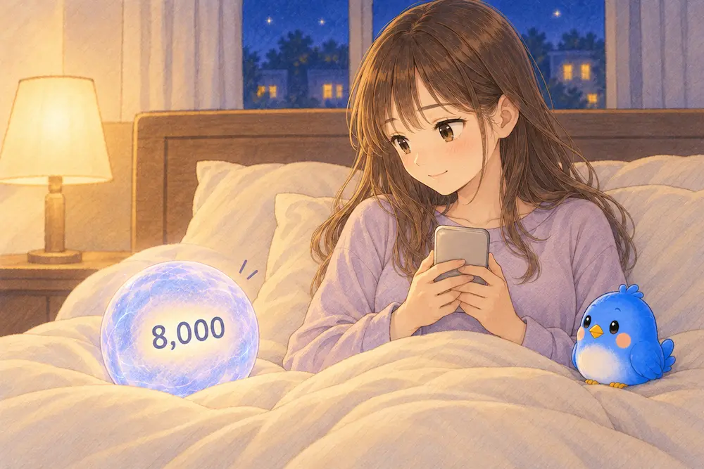 夜のベッドでスマホを両手に持ち、「8,000」が灯るナゾタマをほっとした顔で見つめるカシコと、布団の上の青い鳥ワイズのイラスト。